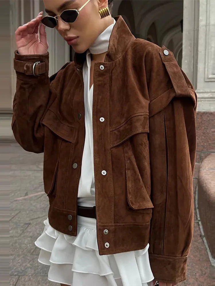 SOERA Mila Wide Shoulder Faux Suede Jacket - Jacket - SOERA-278211-S-BROWN-71747 Brown S