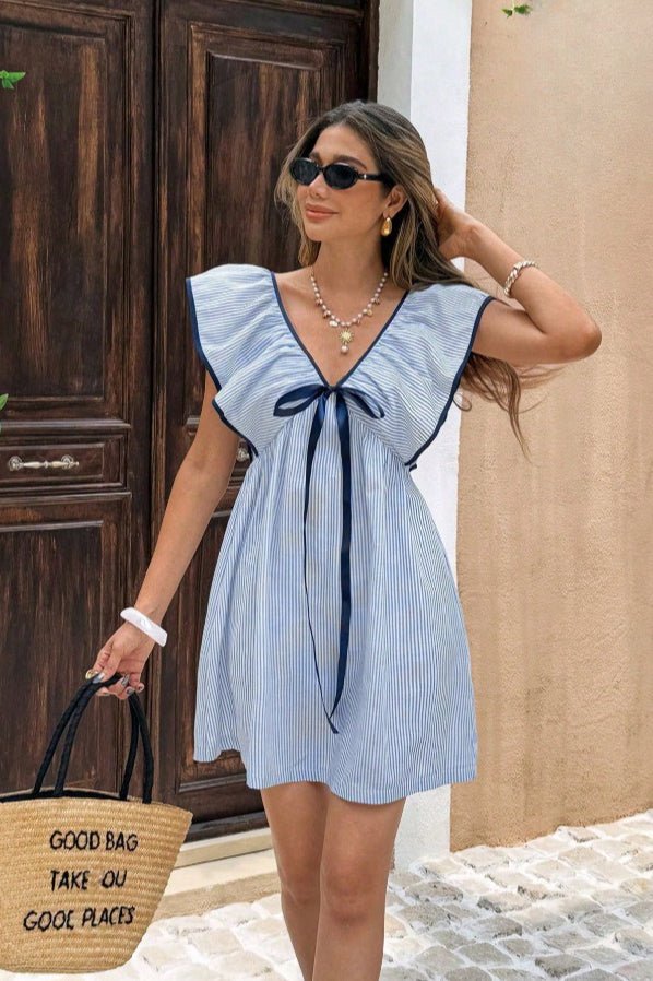 SOERA Beatrice Striped V - Neck Ruffle Mini Dress - Dress - Blue S