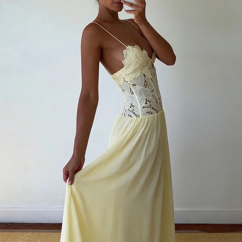 SOERA Celeste Lace Mesh Halter Evening Dress - Dress - Yellow L
