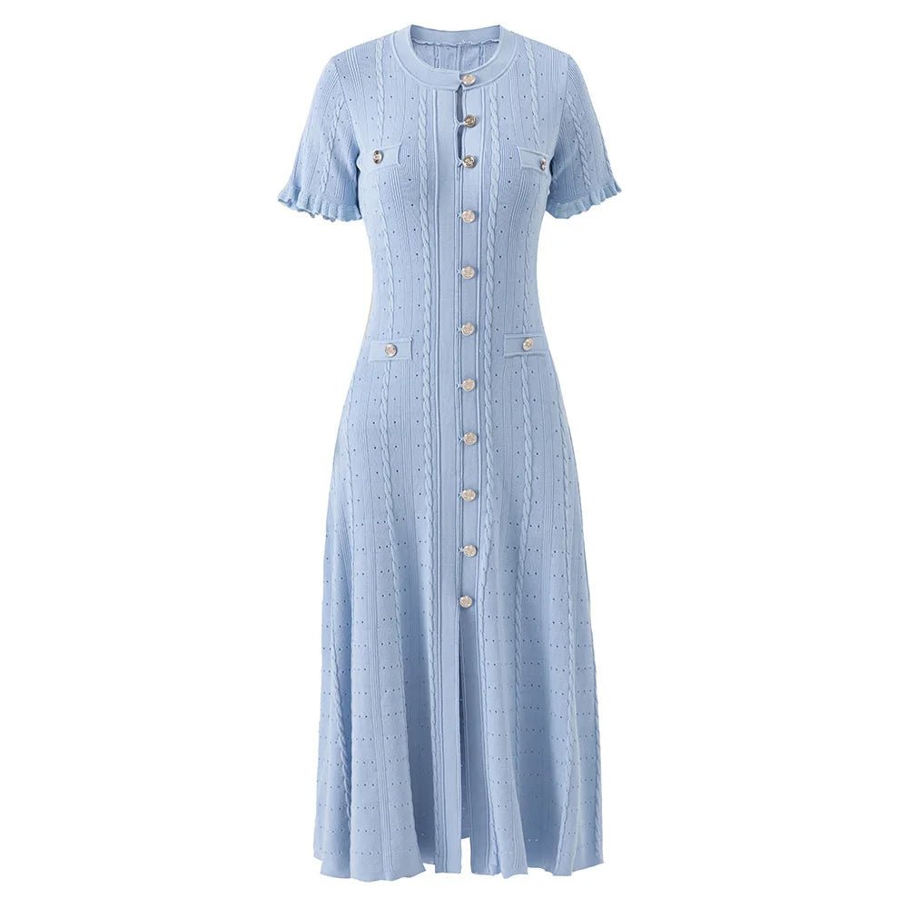 SOERA Erlinda Button - Front Knit Midi Dress - Dress - Blue