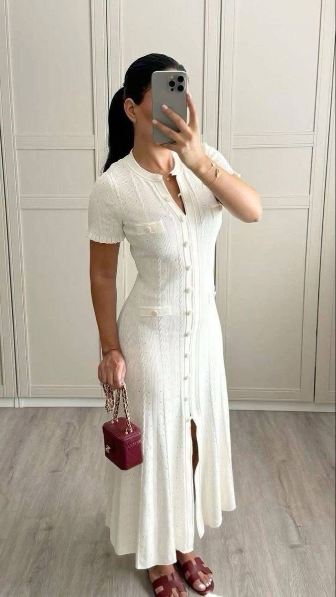 SOERA Erlinda Button - Front Knit Midi Dress - Dress - White