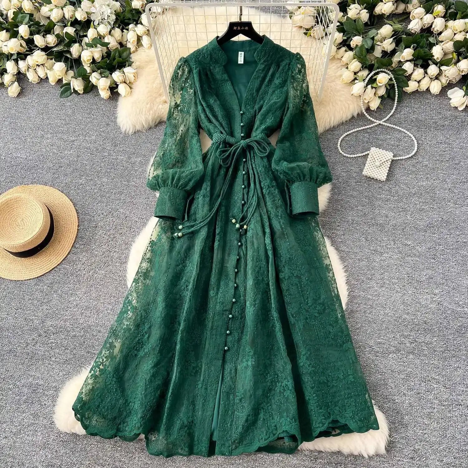 SOERA Jenina Embroidered Pearl Midi Dress - Dress - Green S