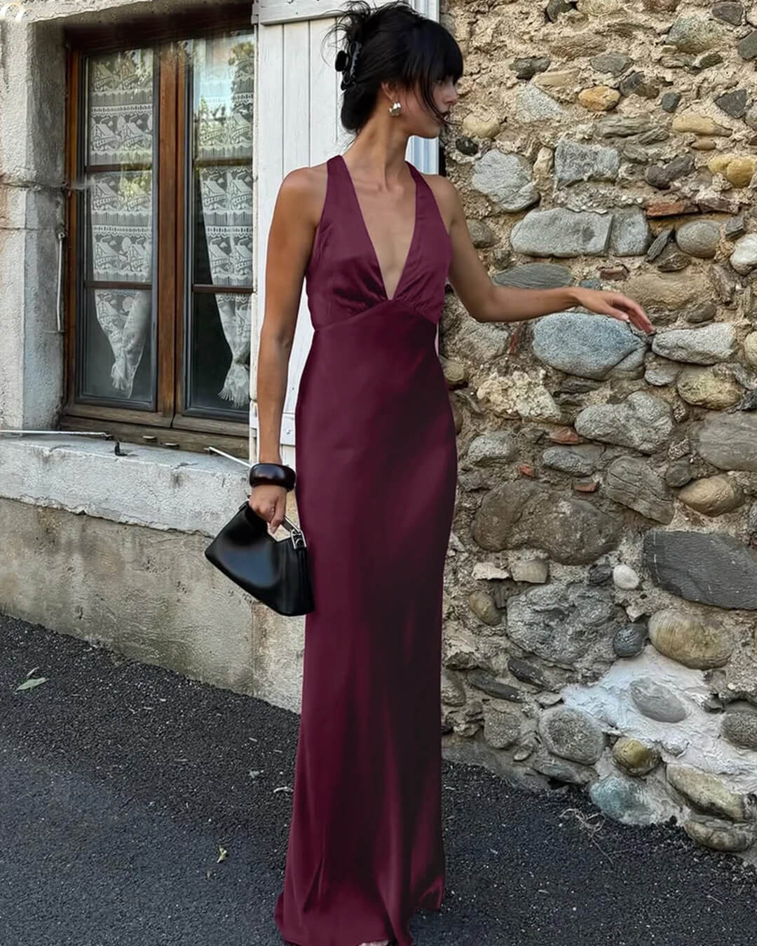 SOERA Joyce Wine Red Satin Halter Maxi Dress - Dress - M