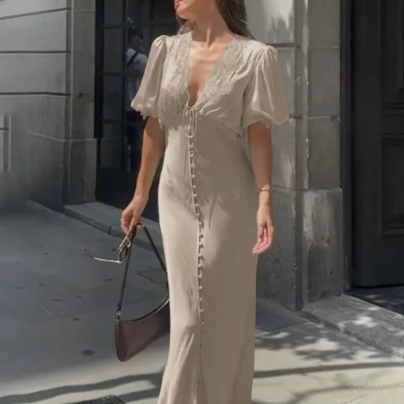 SOERA Micaela Puff Sleeve Lace-Up Maxi Dress - Dress - SOERA-307139-KHA-M-34595 Taupe M