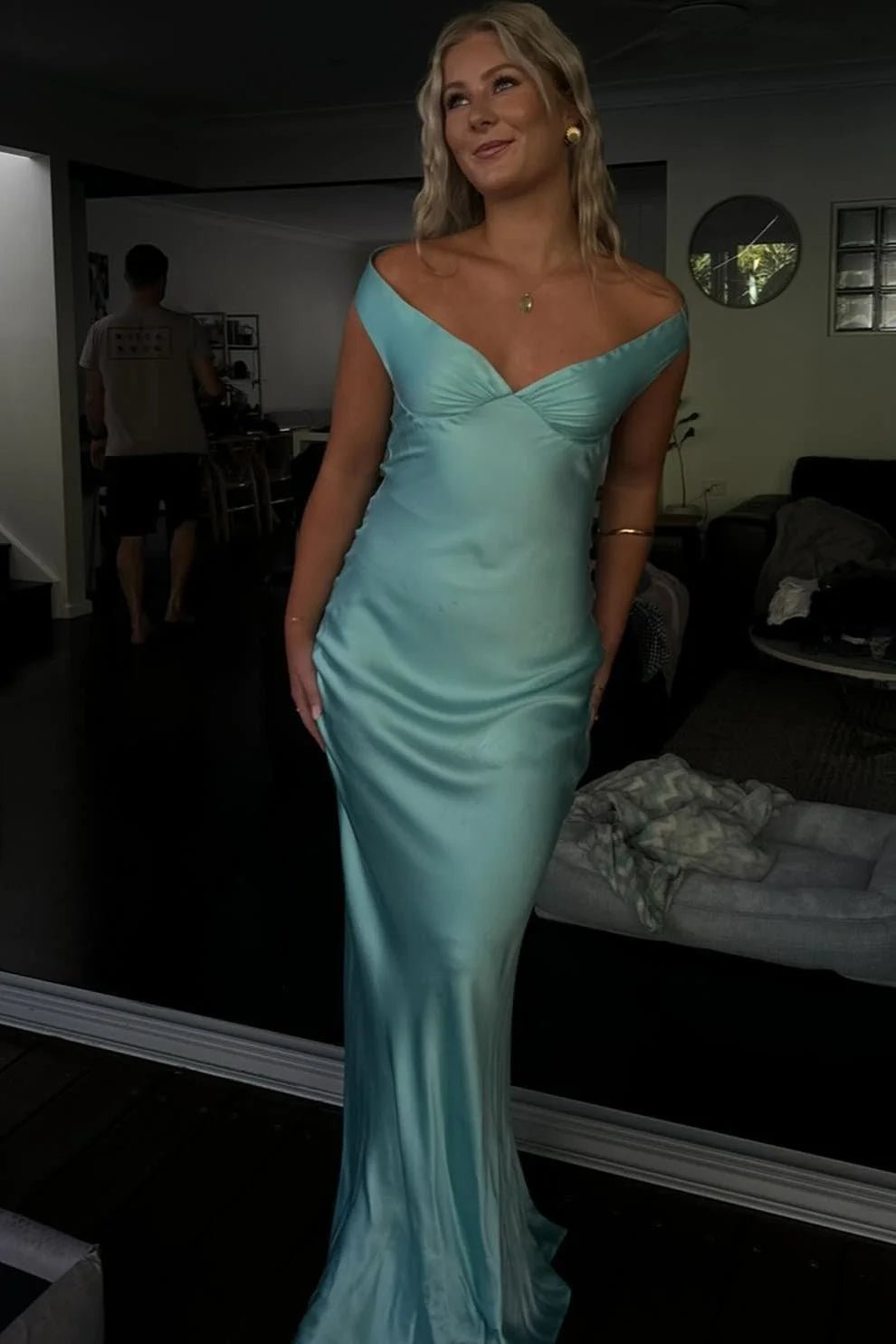 SOERA Clea Satin Off the Shoulder Maxi Dress - Dresses - Aqua XS