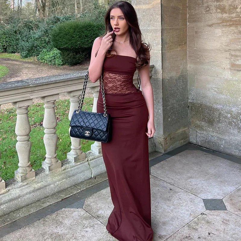 SOERA Georgette Lace Mesh Waist Maxi Dress - Dresses - Burgundy XS