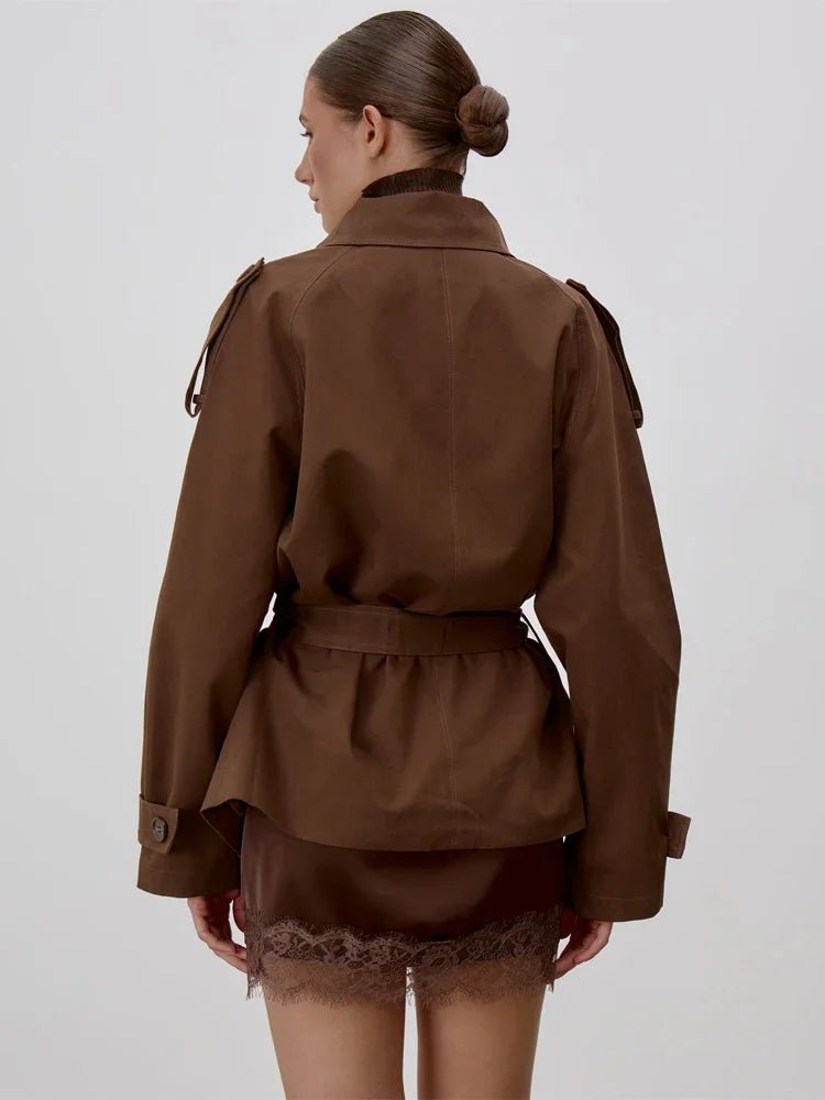 SOERA Sonia Lace Up Stand Collar Trenchcoat - Jackets - 1005011734952768-;DX1773321573271548638 Dark Brown L