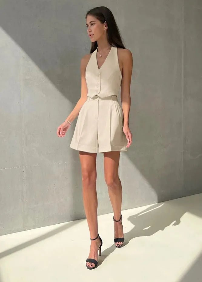 SOERA Bianca Tailored Halter Vest & Shorts Set - Matching Sets - Beige M
