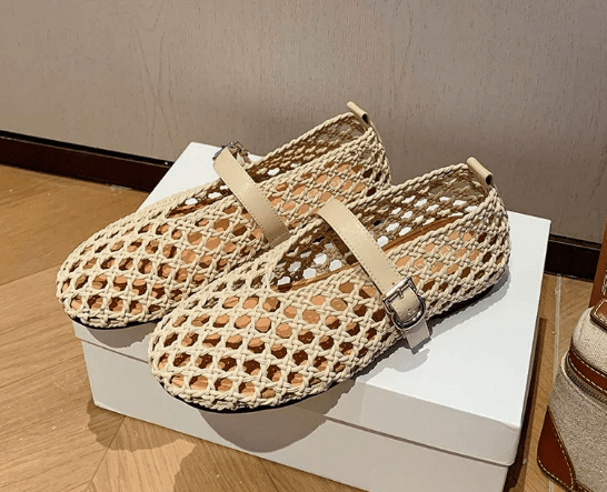 SOERA Bianca Woven Hollow Flat Sandals - Shoes - Beige 35