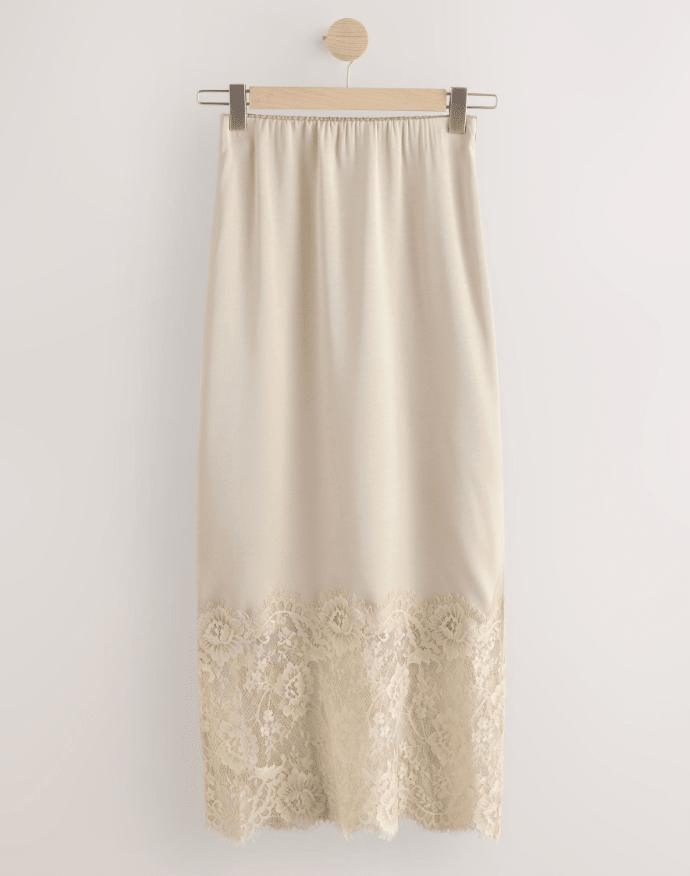 SOERA Cheska Lace Hem Satin Long Skirt with Slit - Skirts - 1005010102307758-;Om1775031590769940650 Beige M