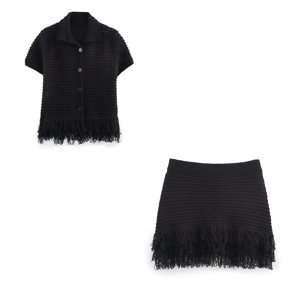 SOERA Beatrice Knitted Tassel Skirt Set - Suit - Black Set