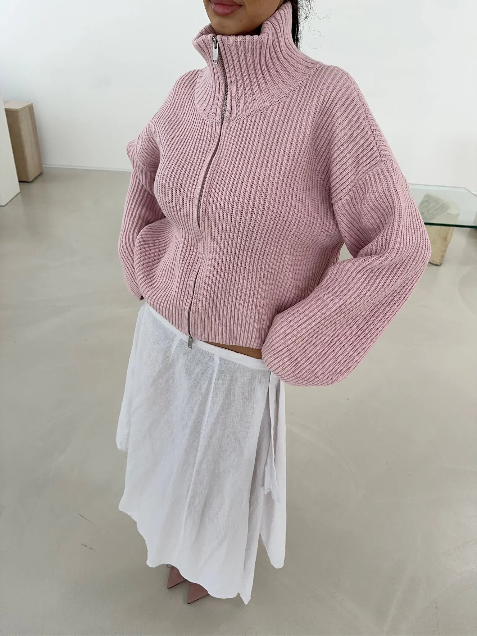 SOERA Daniela Oversized Ribbed Zip-Up Sweater - Sweater - SOERA-454403-PIN-L-44195 Pink L