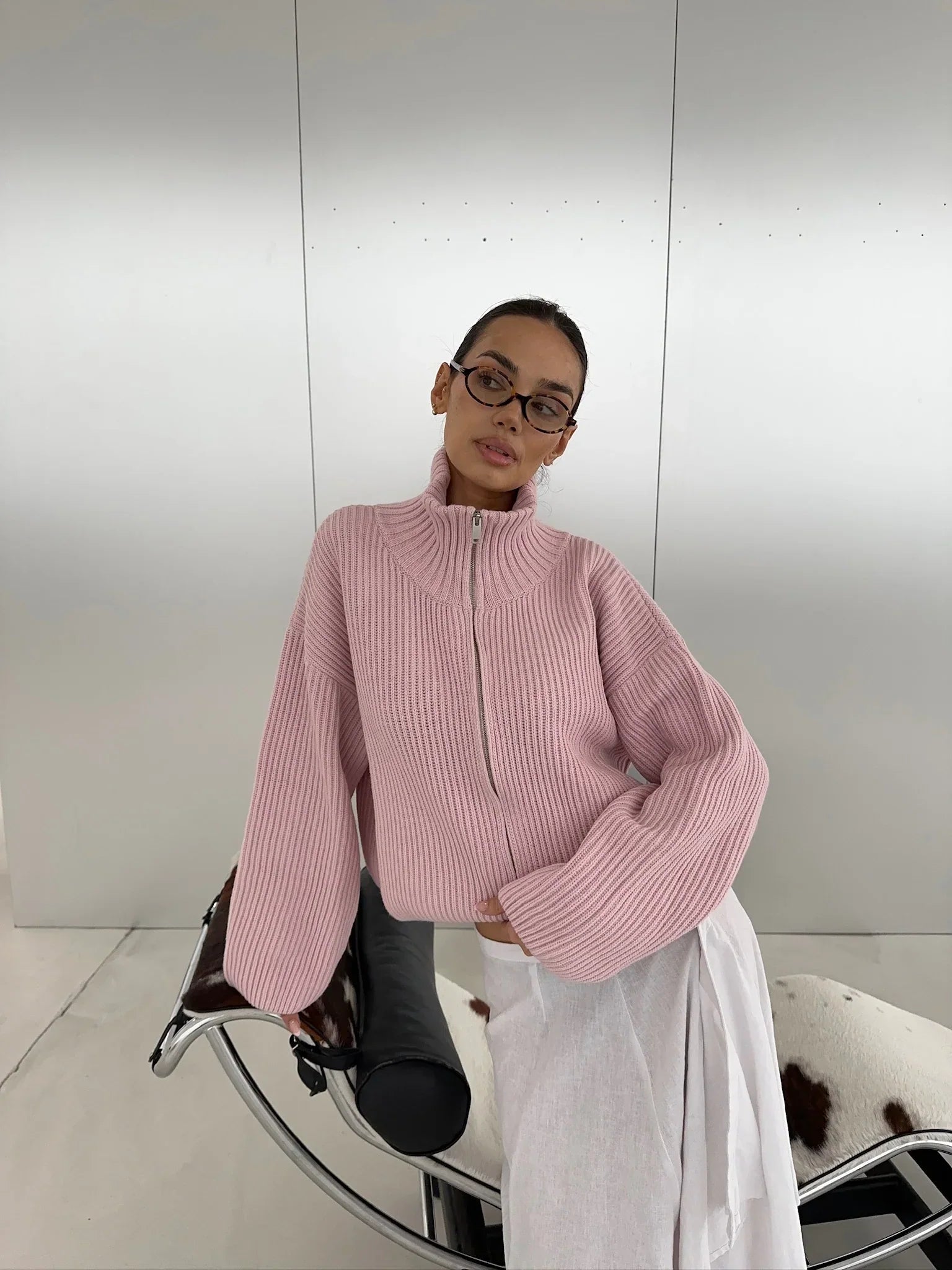 SOERA Daniela Oversized Ribbed Zip-Up Sweater - Sweater - SOERA-454403-PIN-S-78659 Pink S