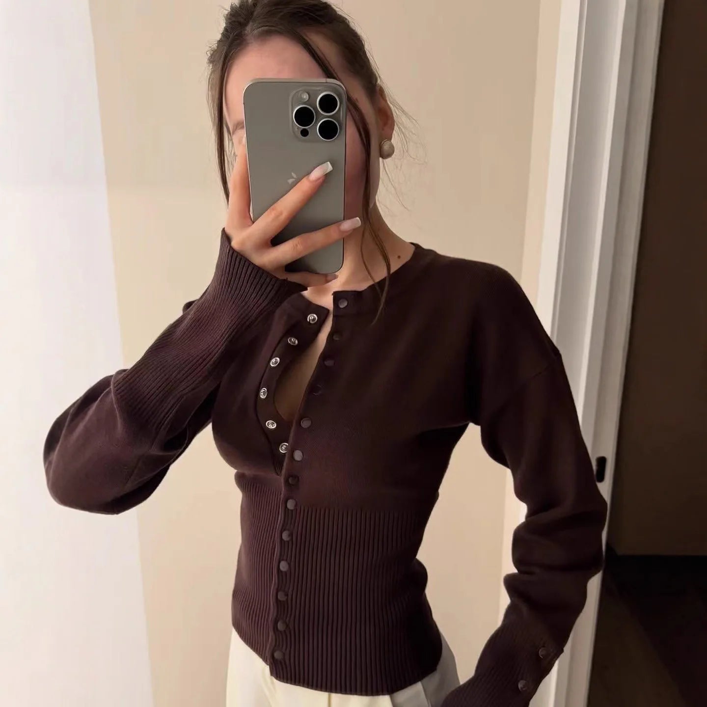SOERA Catherine Buttoned Slim Cardigan - Sweaters & Cardigans - 1005010516766962-;gk1774012032137877271 Dark Brown S