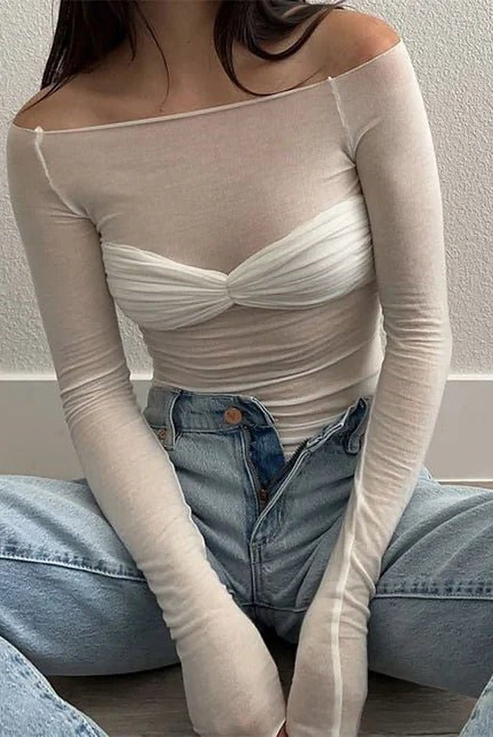 SOERA Sara Mesh Sheer Off-Shoulder Top - Tops - D1-MW459003 White L