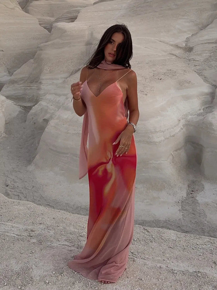 Elena abito lungo in raso ombré con schiena scoperta