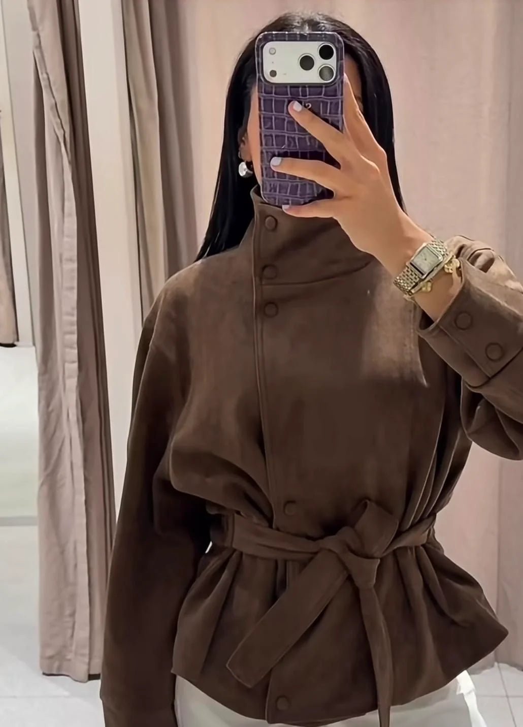 SOERA Amanda Funnel Faux Suede Trench Coat - Coat - SOERA-068547-BRO-S-18979 Brown S
