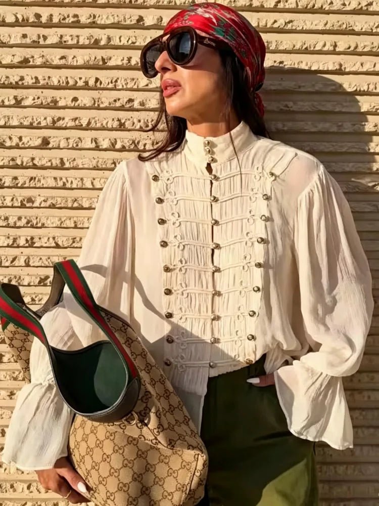 SOERA Amelie Vintage Chiffon Stand Collar Blouse - Blouse - SOERA-356547-BEI-XS-77411 Beige XS