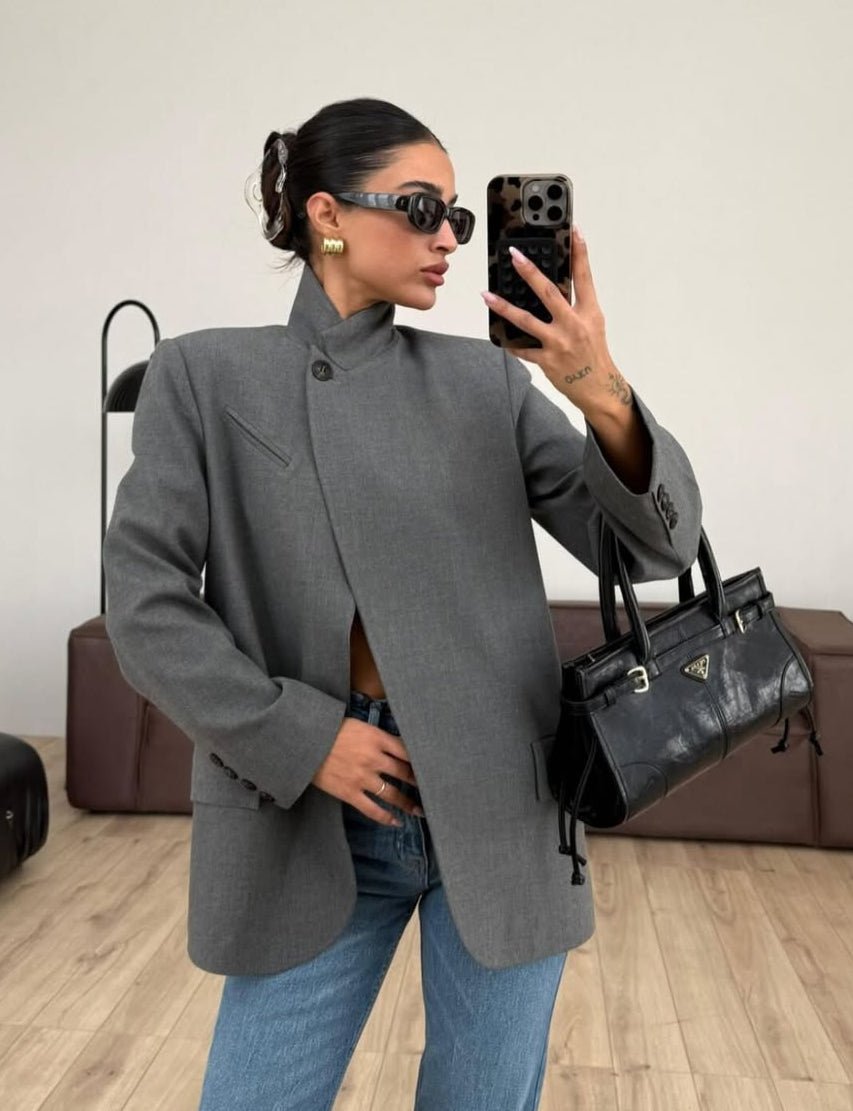 SOERA Esther Vintage Asymmetric High Neck Blazer - Blazers - SOERA-697731-GRE-XS-14467 Grey XS