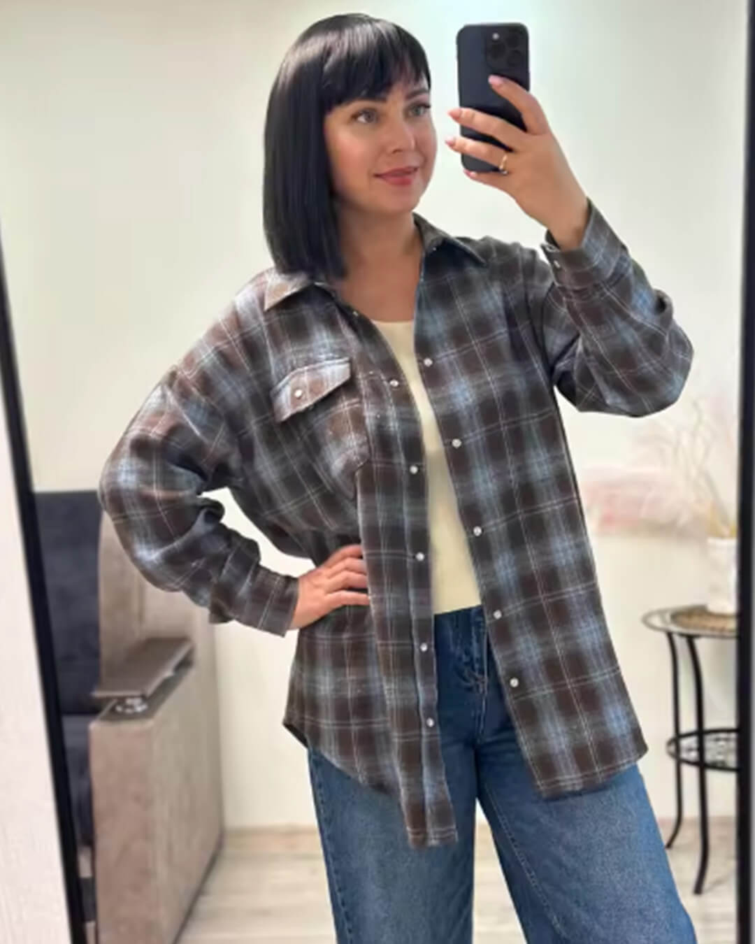 SOERA Melissa Oversized Plaid Shirt - Blouse - SOERA-074691-GRA-O-16451 Gray Blue One Size