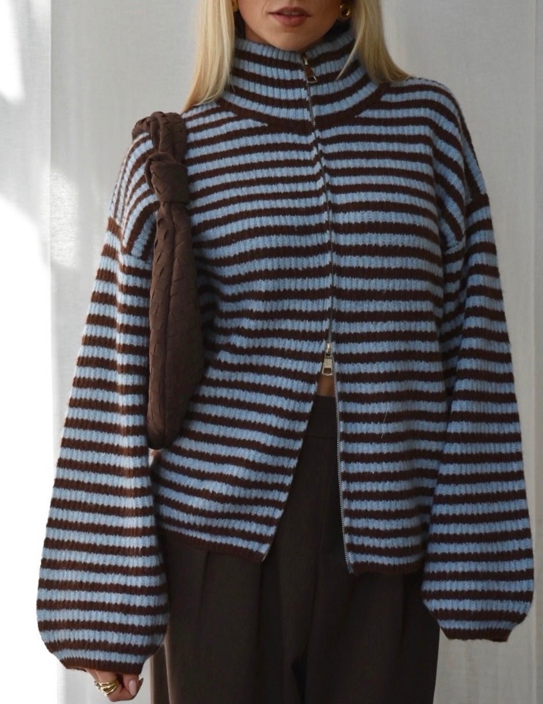 SOERA Angela Striped Mock Neck Knit Cardigan - Cardigan - SOERA-093955-BLU-M-14819 Blue M