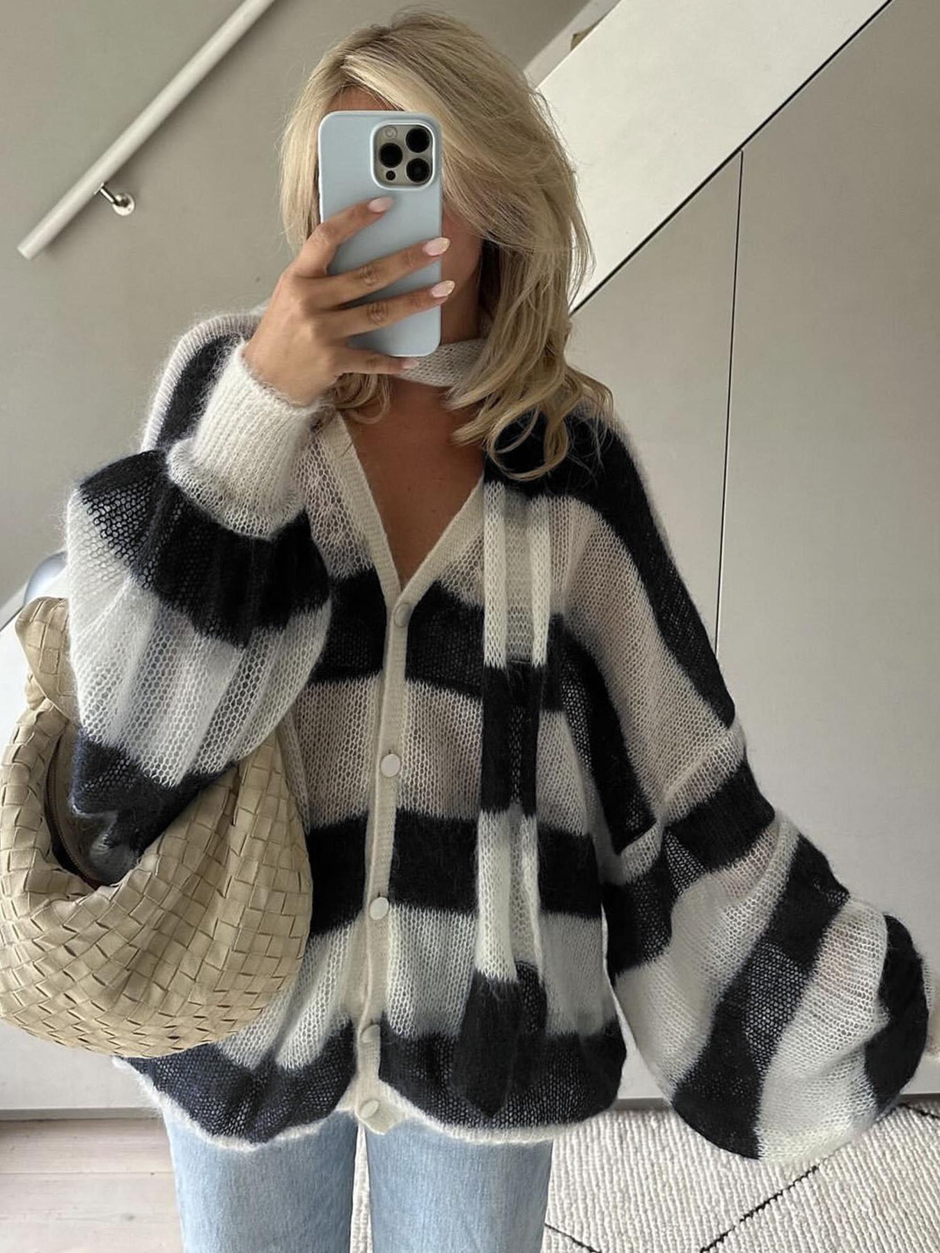 SOERA Christel Loose Striped Cardigan - Cardigans - yX1770344797578678413 Black S