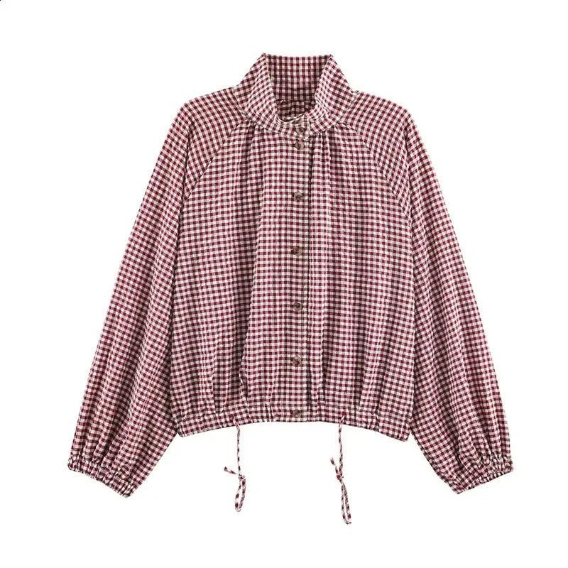 SOERA Olivia Plaid Drawstring High Neck Jacket - Coat - SOERA-447107-PIN-XS-25411 Red XS