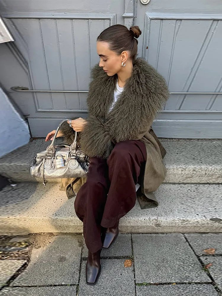 SOERA Teresa Patchwork Faux Fur Collar Coat - Coat - SOERA-191043-KHA-S-02499 S