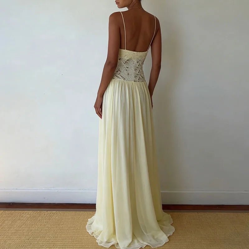 SOERA Celeste Lace Mesh Halter Evening Dress - Dress -  Yellow XS