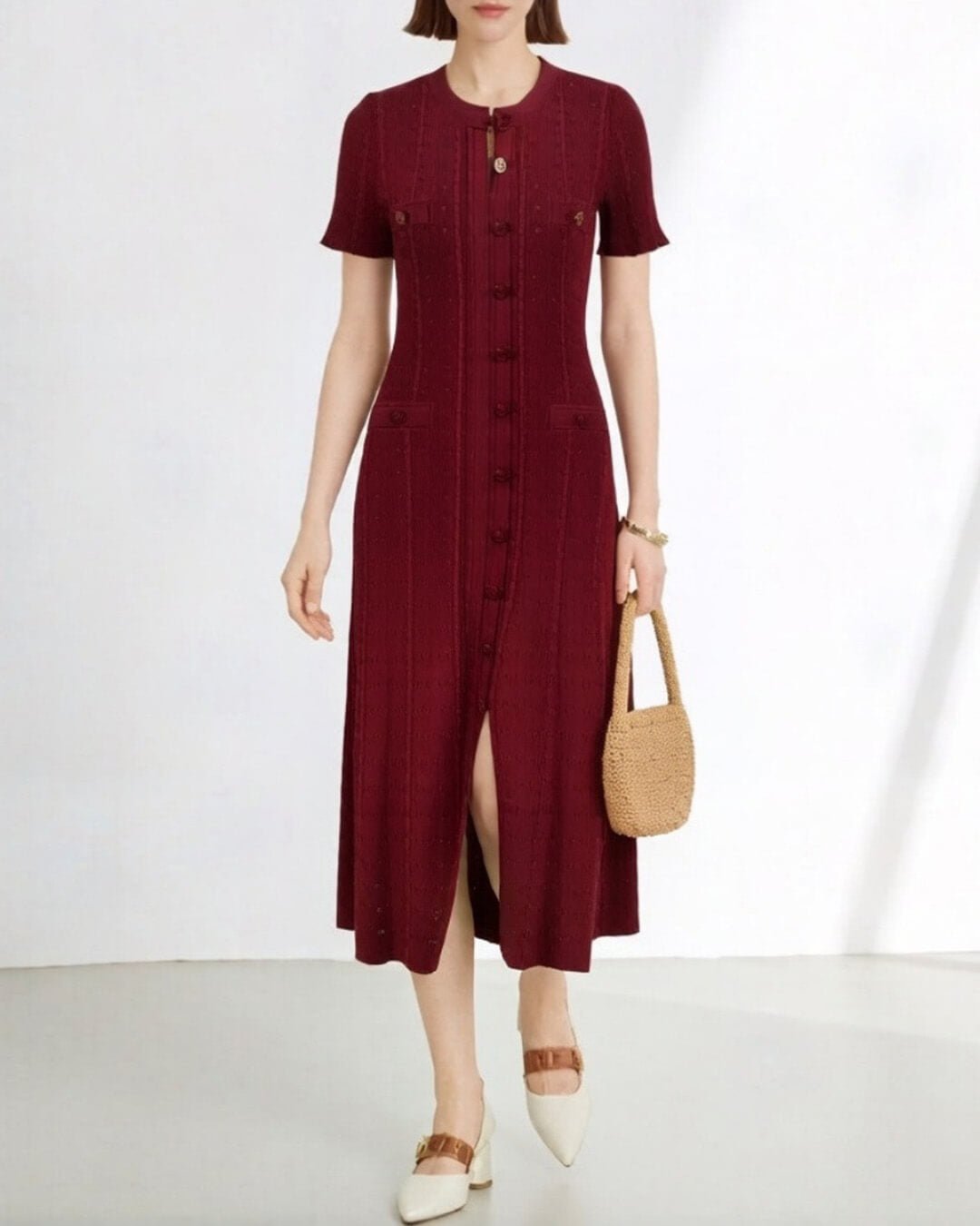 SOERA Erlinda Button-Front Knit Midi Dress - Dress -  Burgundy XS