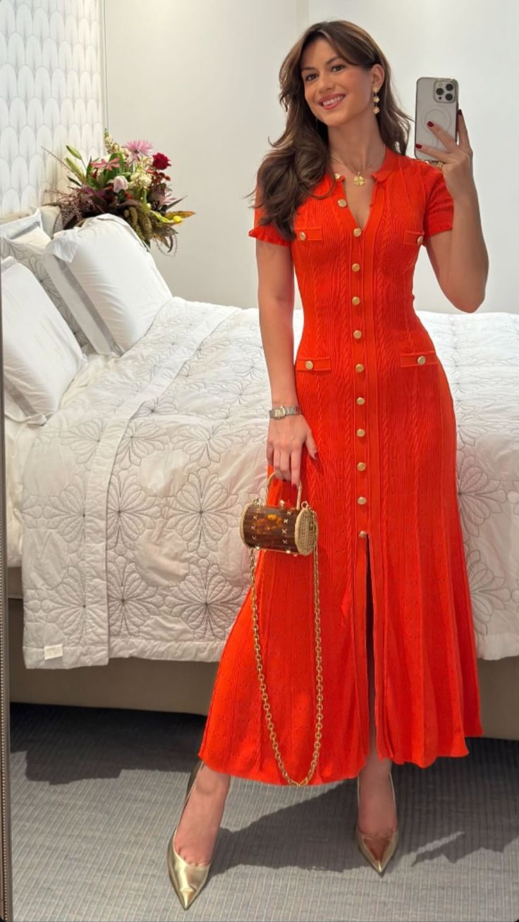 SOERA Erlinda Button - Front Knit Midi Dress - Dress -  Orange