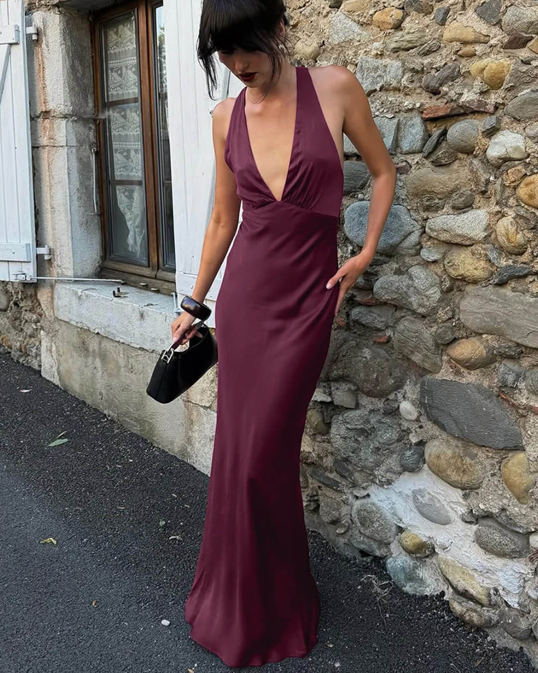 SOERA Joyce Wine Red Satin Halter Maxi Dress - Dress -  L