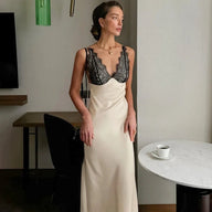 Emily vestido de noite com decote em V e renda em patchwork