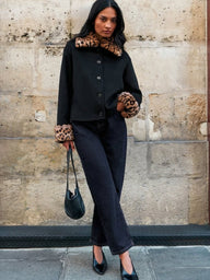 Anne Leopard Faux Fur Trim Button-Up Jacket