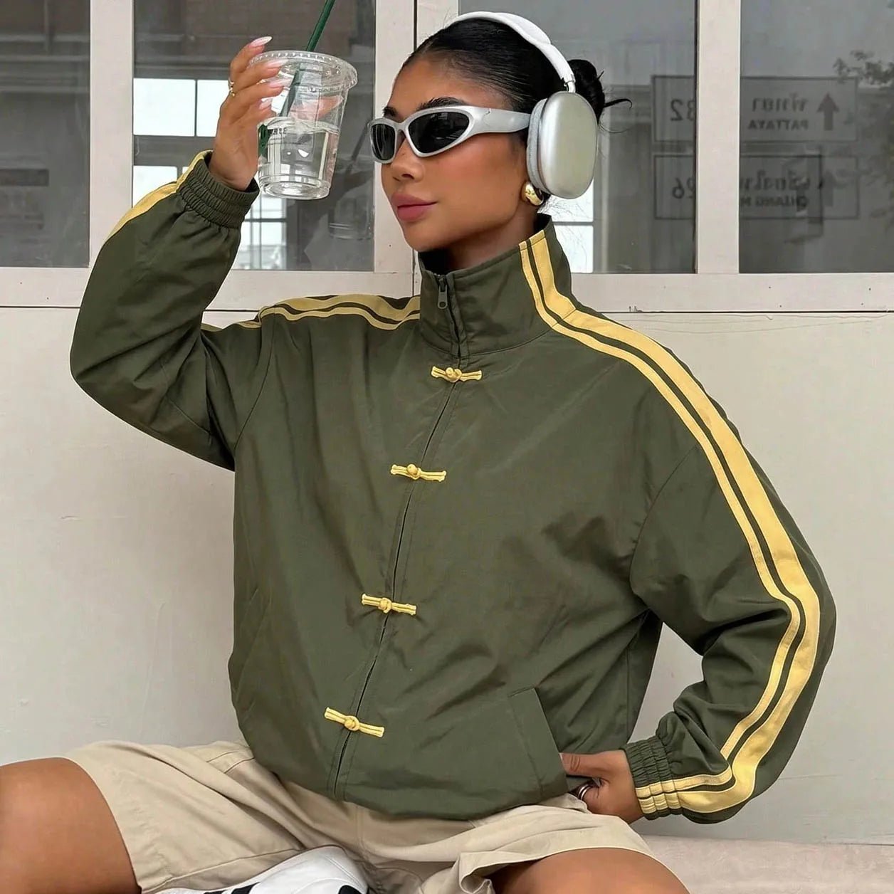 SOERA Mary Mandarin Striped Oversized Jacket - Jacket - SOERA-000643-GRE-S-27299 Green S