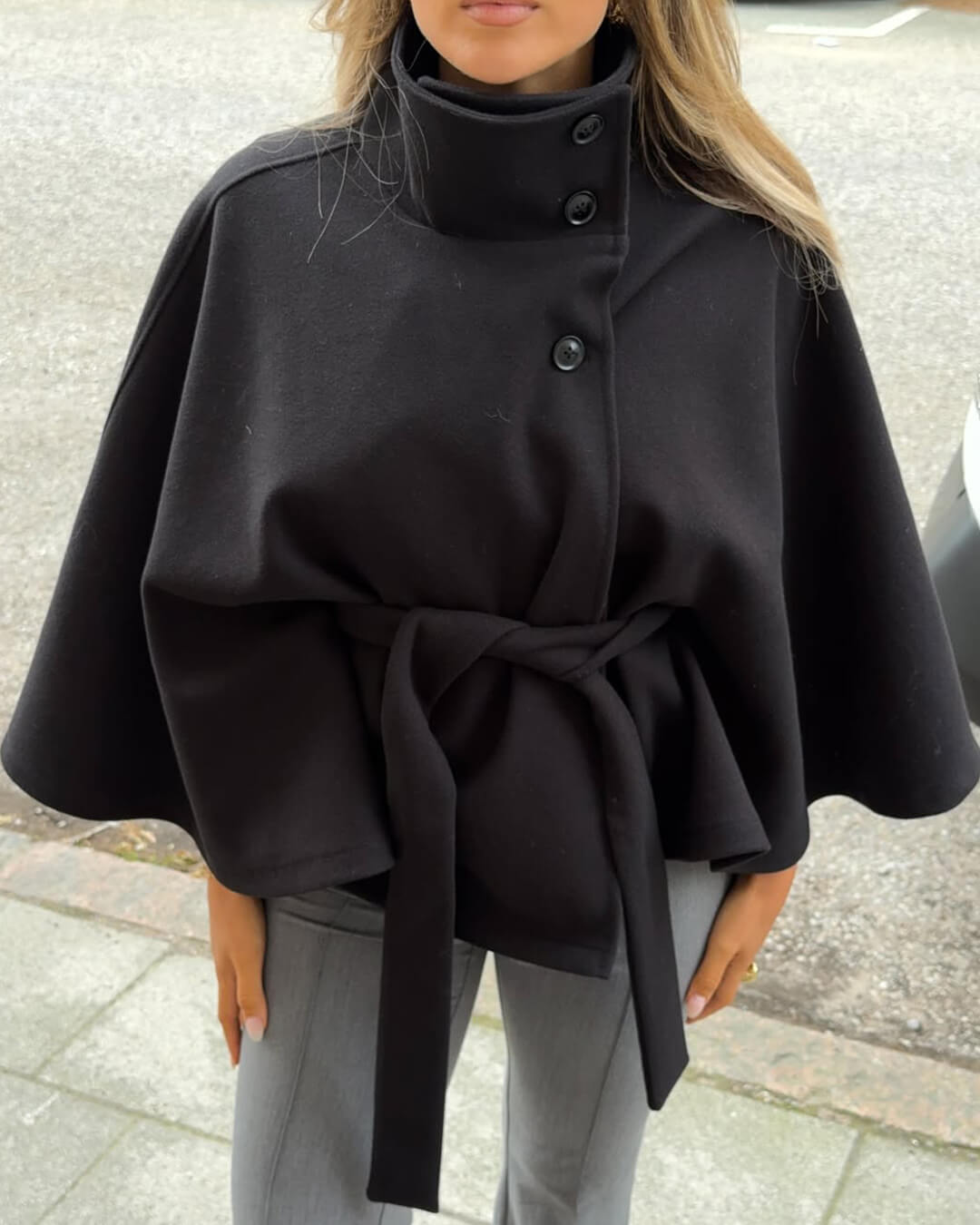 Arianne Elegant High-Neck Belted Cape Jacket