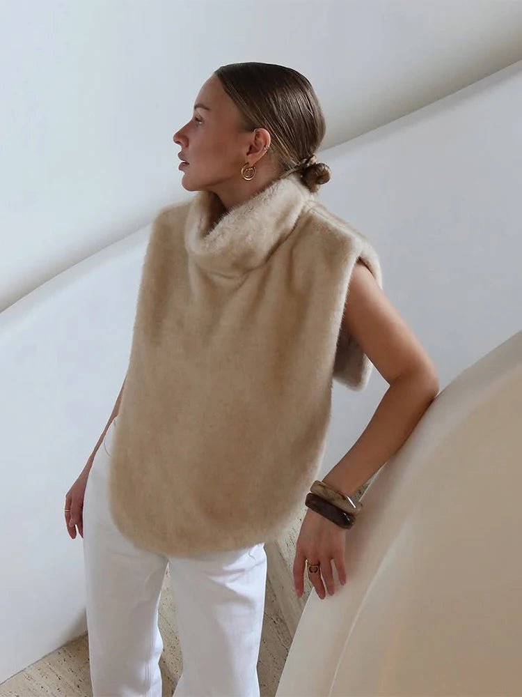 SOERA Rina Faux Fur Turtleneck Vest - Jackets -  Beige