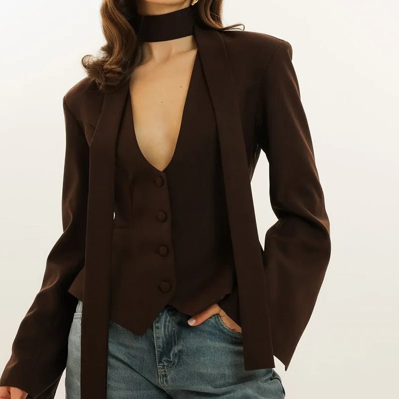 SOERA Scarlett Scarf Blazer Coat - Jackets - 1005010322628529-;yO1774012026627401131 Brown S