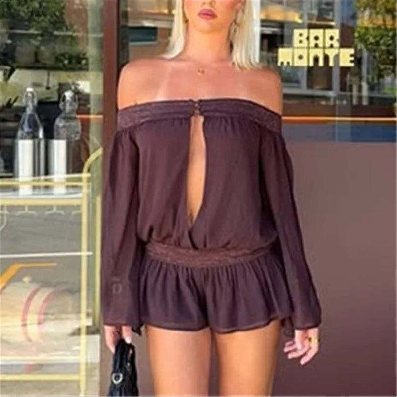 SOERA Aita Off-Shoulder Chiffon Romper - Jumpsuits & Rompers - SOERA-537987-DEF-OS-69414 Brown S
