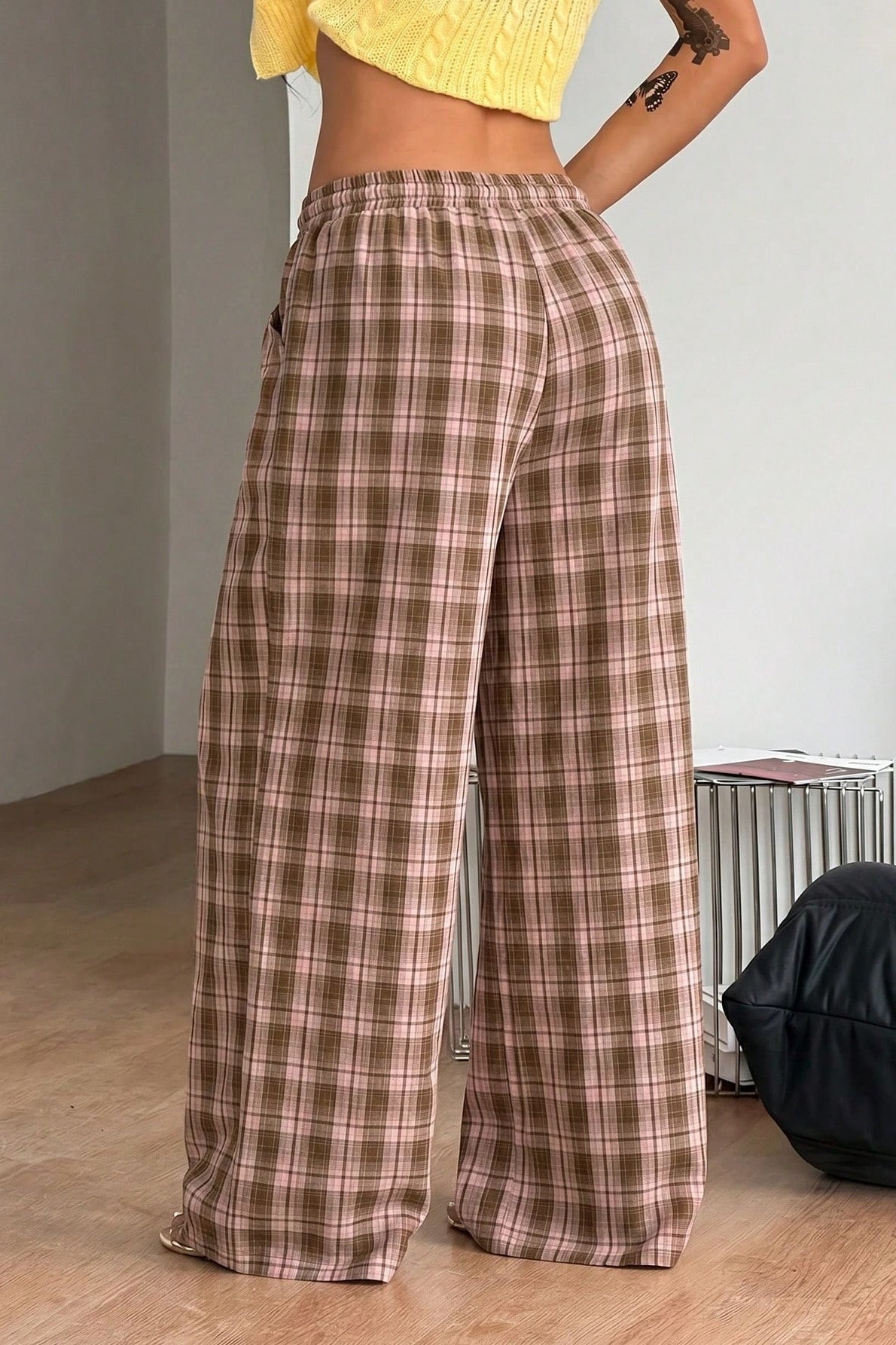 SOERA Lola Drawstring Wide Leg Plaid Pant - Pants - SOERA-447299-BRO-S-13283 Brown S