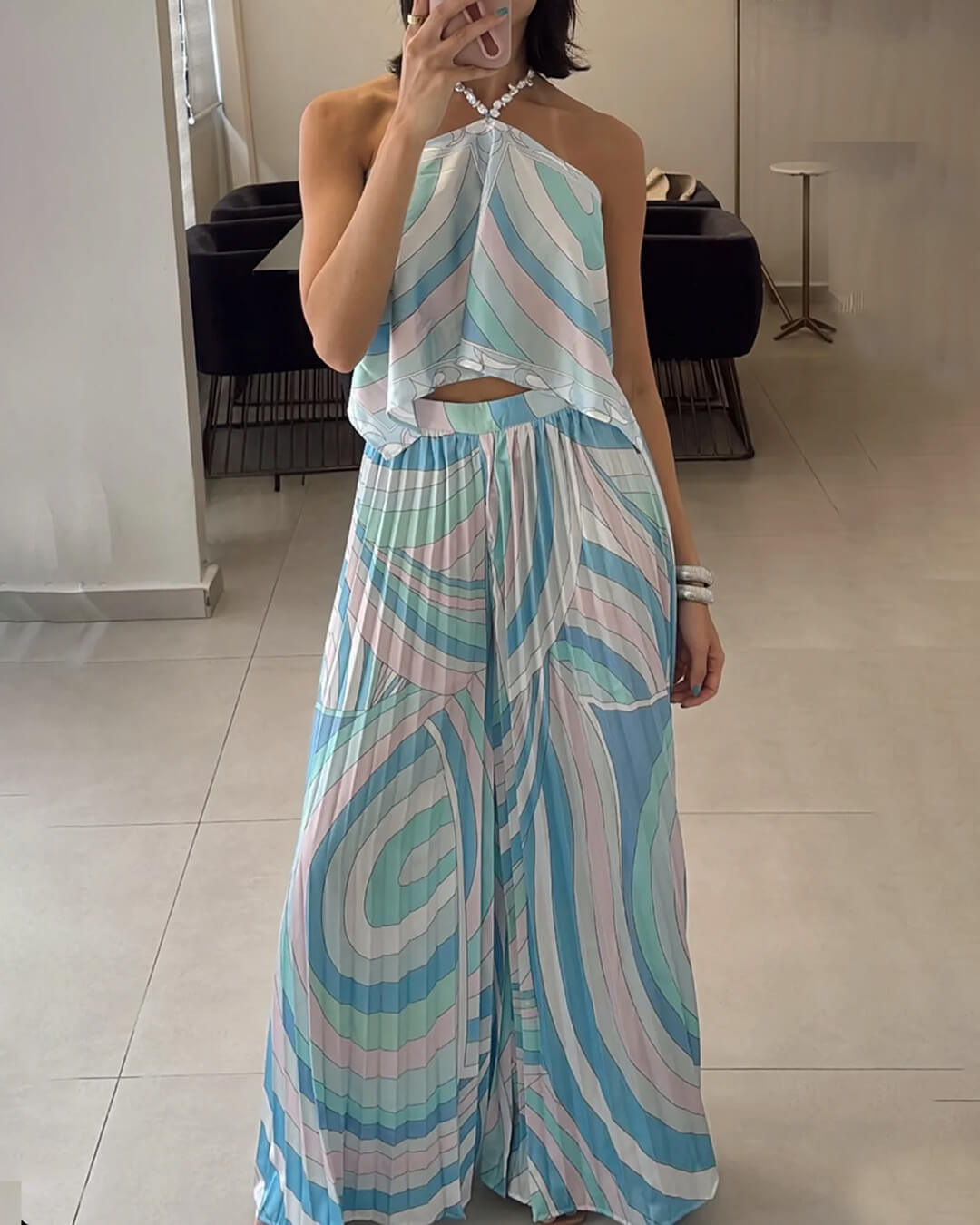 SOERA Bianca Pleated Capri Pants Co-Ord Set - Set -  Blue M