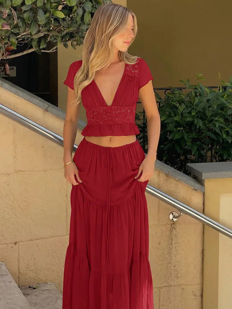 SOERA Morrigan Lace Chiffon Top & Skirt Set - Set -  Red XS