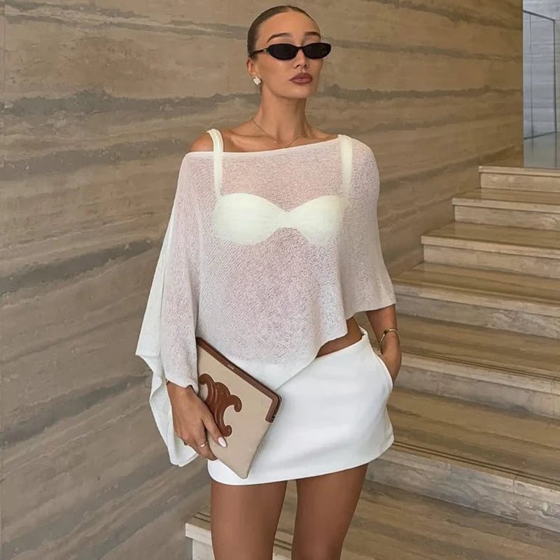 SOERA Jade Asymmetrical Sheer Poncho Top - Sweaters & Cardigans -  Beige One Size