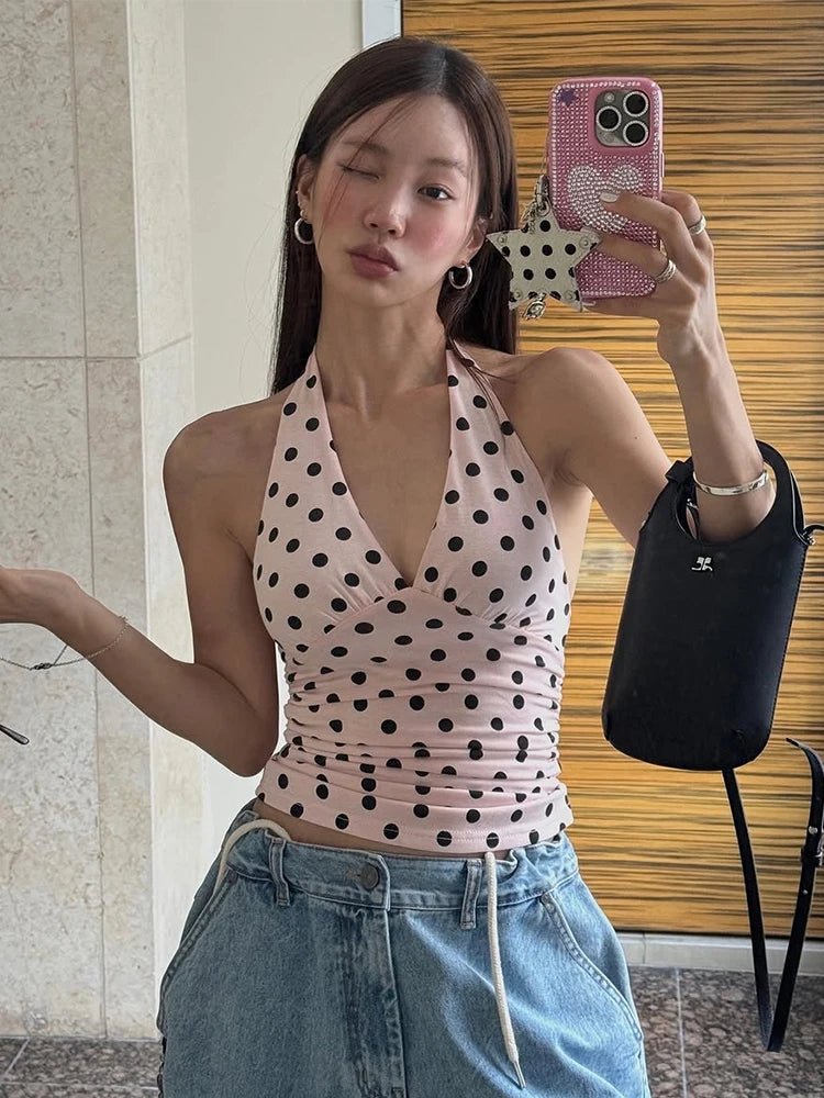 SOERA Hannah Polka Dot Halter Tank Top - Tank Tops - 1005009140850162-;eZ1774621553702575802 Pink S