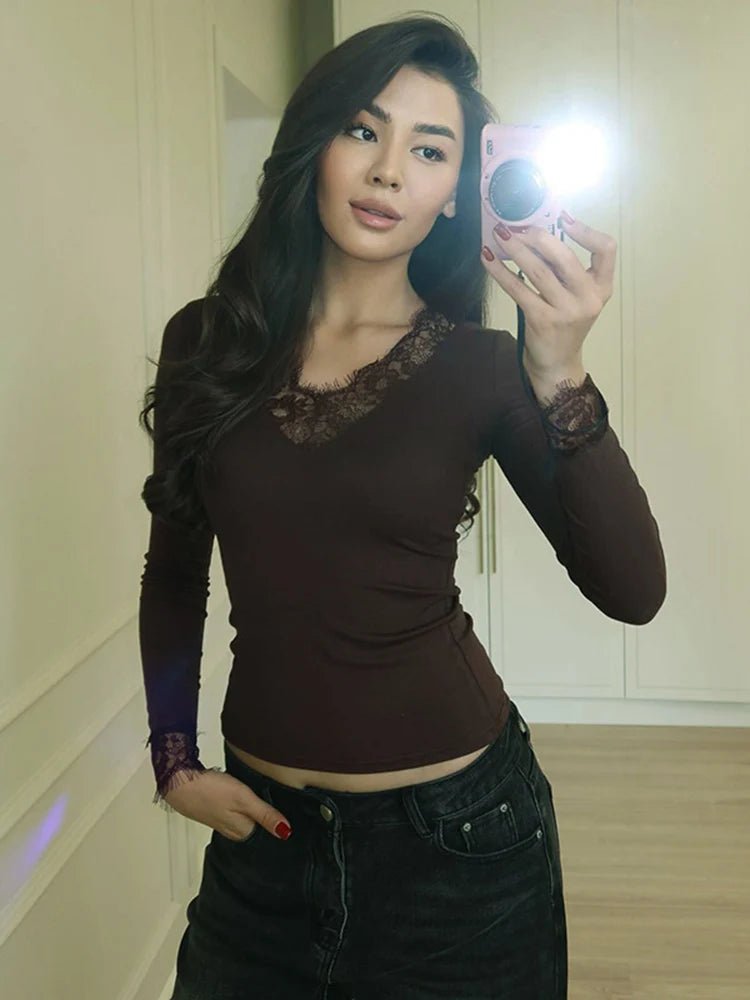 SOERA Miriam Lace V-Neck Casual Top - Top - SOERA-547907-BRO-S-74979 Brown S