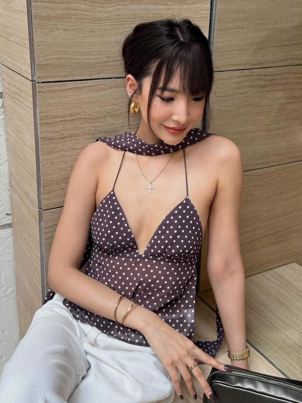 SOERA Araline Polka Dot Backless Top - Tops -  Brown XS